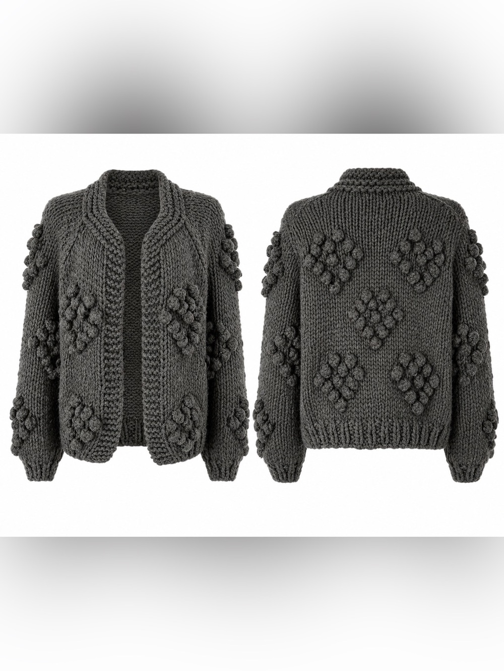 Chunky Bobble Knit Cardigan Gray Open Front Cozy Cottagecore Sweater - S